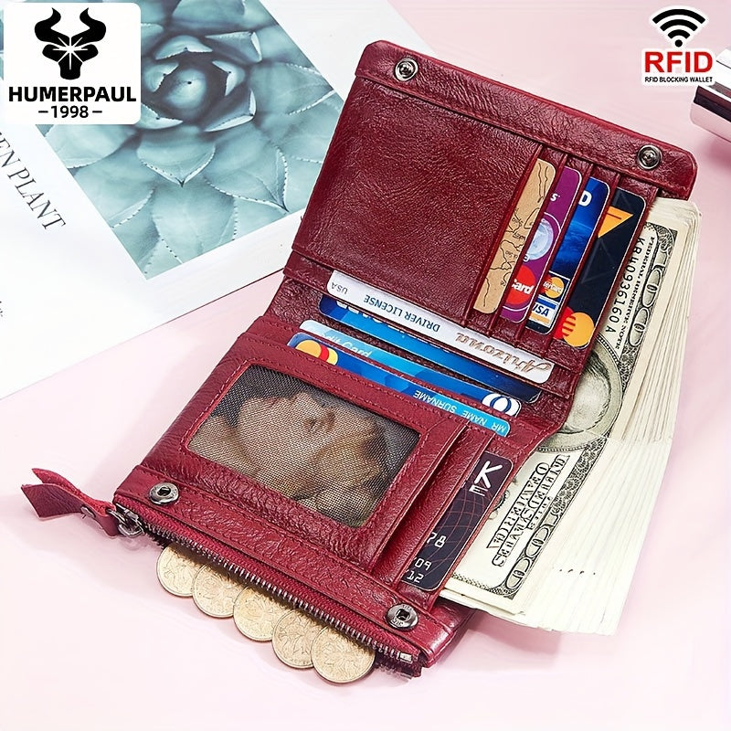 Women's RFID Blocking Red Leather Vintage Wallet with Zipper Closure