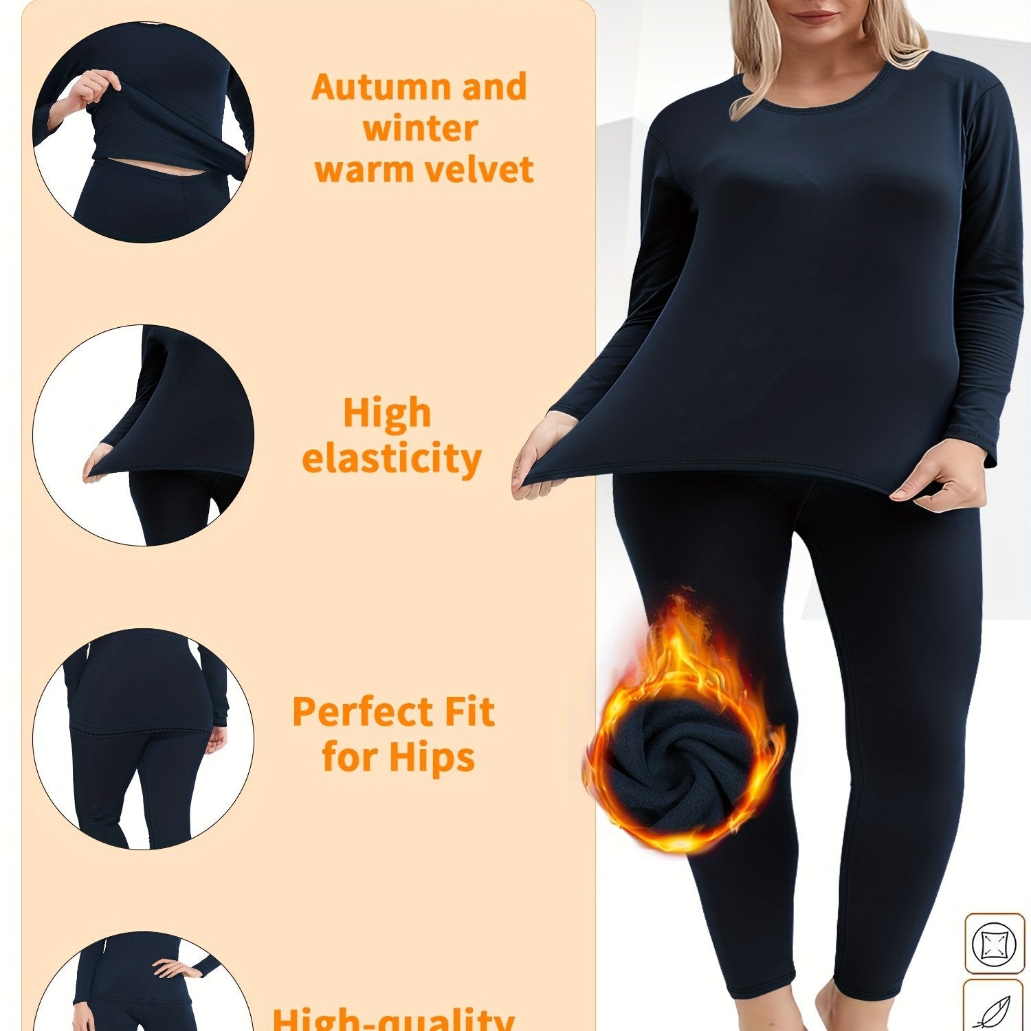 Plus o'lchamli termal ichki kiyim to'plami, mo'yna bilan qoplangan, dumaloq bo'yin, asosiy to'liq rang