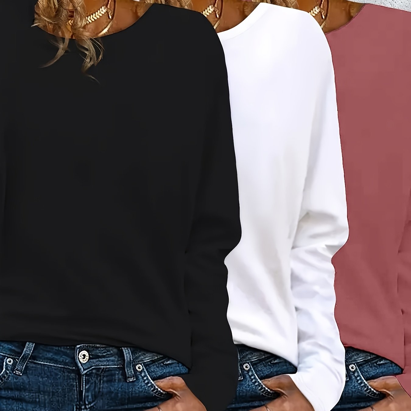 Женские повседневные блузки с длинным рукавом и круглым вырезом, упаковка из 3 штук, черные, белые, розовые, удобные однотонные блузки