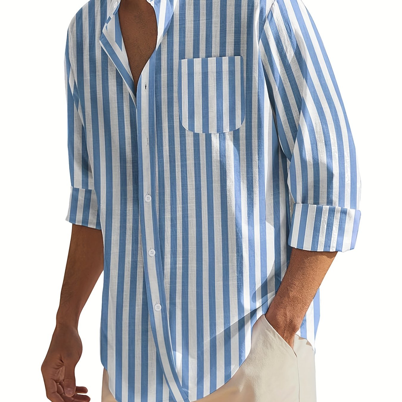 Men's Cotton Vertical Striped Band Collar Shirt Long Sleeve Casual Wear