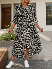 Plus Size Leopard Print Shirt Dress with Roll-Up Sleeves for Women