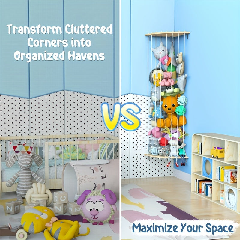 Soporte de animales de peluche para esquina, montaje en pared con longitud ajustable y forma de estrella para sala de juegos o dormitorio