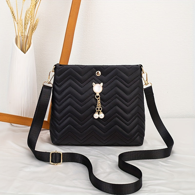 Quilted Crossbody Bag with Adjustable Strap Faux Pearl Embellishment Chevron Pattern in Khaki White Pink Black