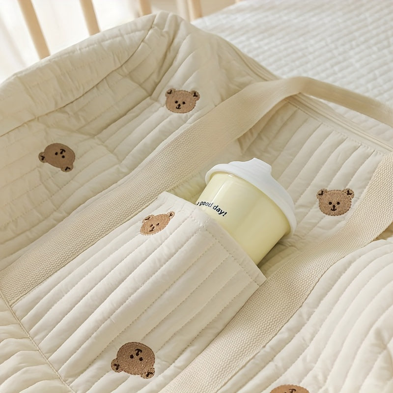 Large Capacity Storage Bag with Embroidered Bear Design for Travel and Organization