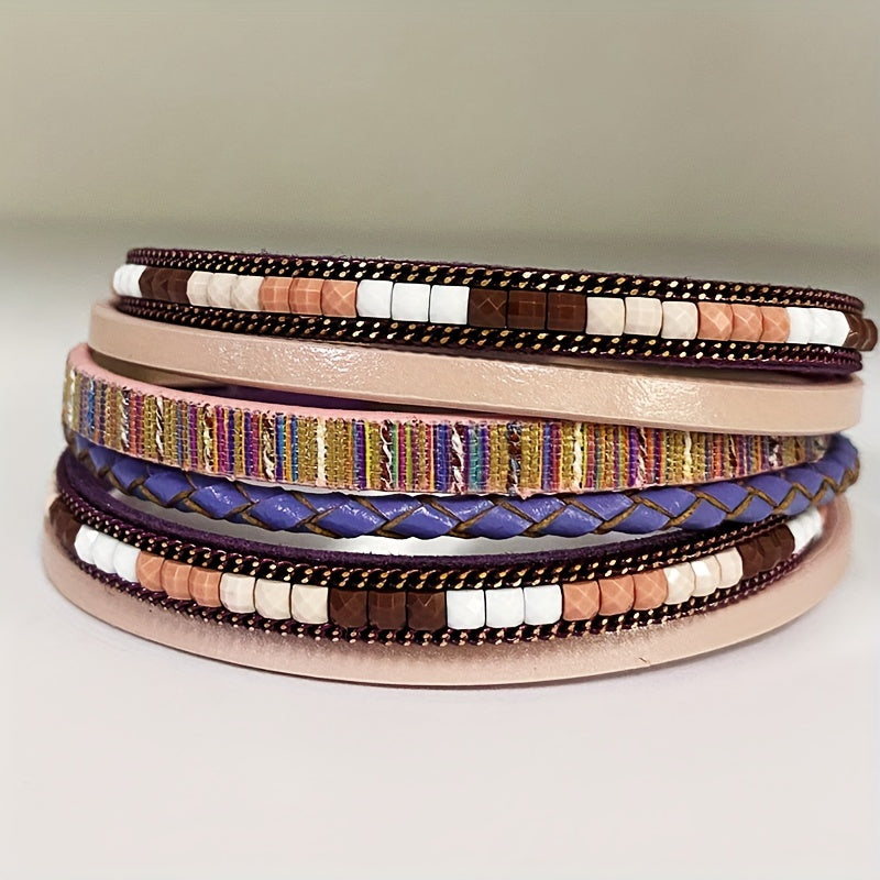 Boho-Chic PU teri bilaguzuk, magnit qopqog'i bilan - jigarrang, bej va ko'k ranglarda qatlamli dizayn, tasodifiy kiyimlar yoki sovg'a uchun retro bohem uslubi, vintage PU teridan tayyorlangan tasodifiy har kuni taqiladigan bilaguzuk