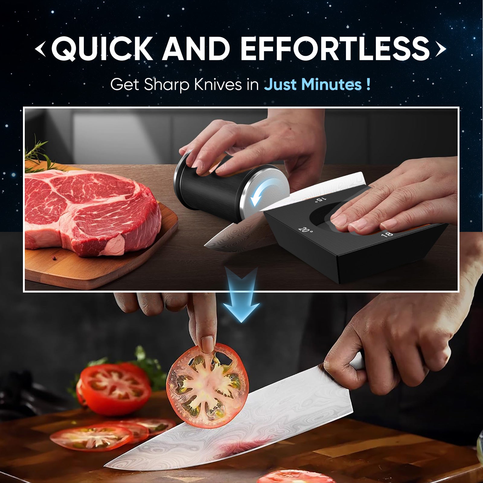 Qora pichoqni shimgich bilan 4 burchak qoʻllanma bilan oshxona pichoqlari uchun qoʻlda tizim bardoshli