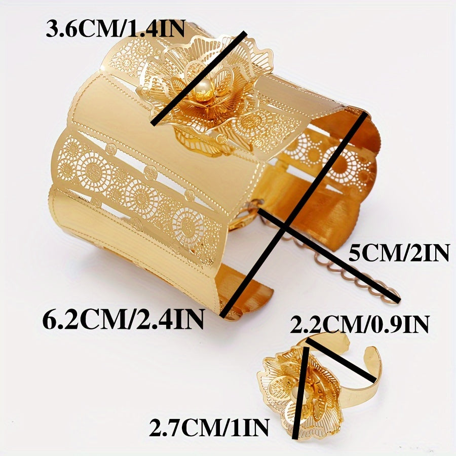 Middle Eastern Bridal Jewelry Set with Hollow Flower Bracelet and Ring for Wedding and Women