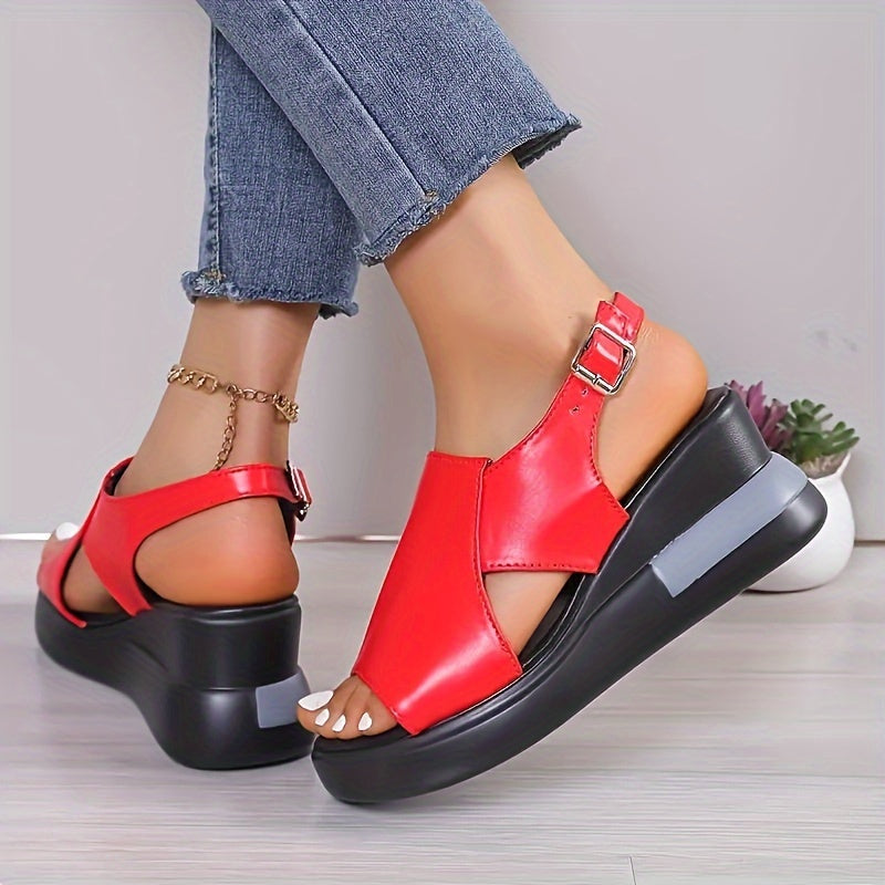 Women's Solid Color Platform Sandals with Ankle Buckle Wedge for Summer Beach Wear