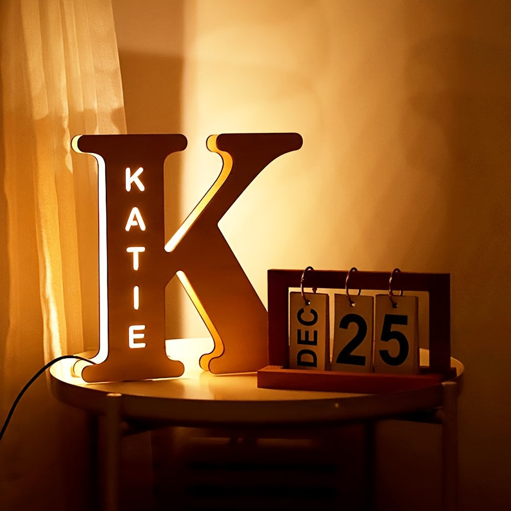 Luz nocturna de letras LED de madera personalizada para dormitorio, lámpara de pared personalizada, alimentada por USB