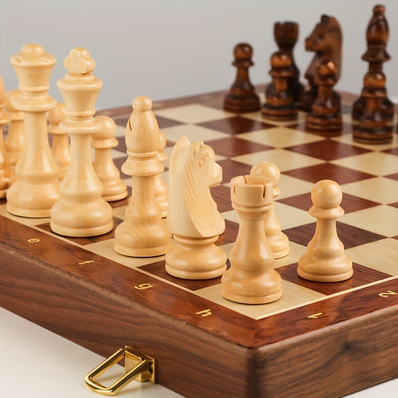 Solid Wood Chess Set with Folding Walnut Checkerboard and Internal Storage 15 Inch