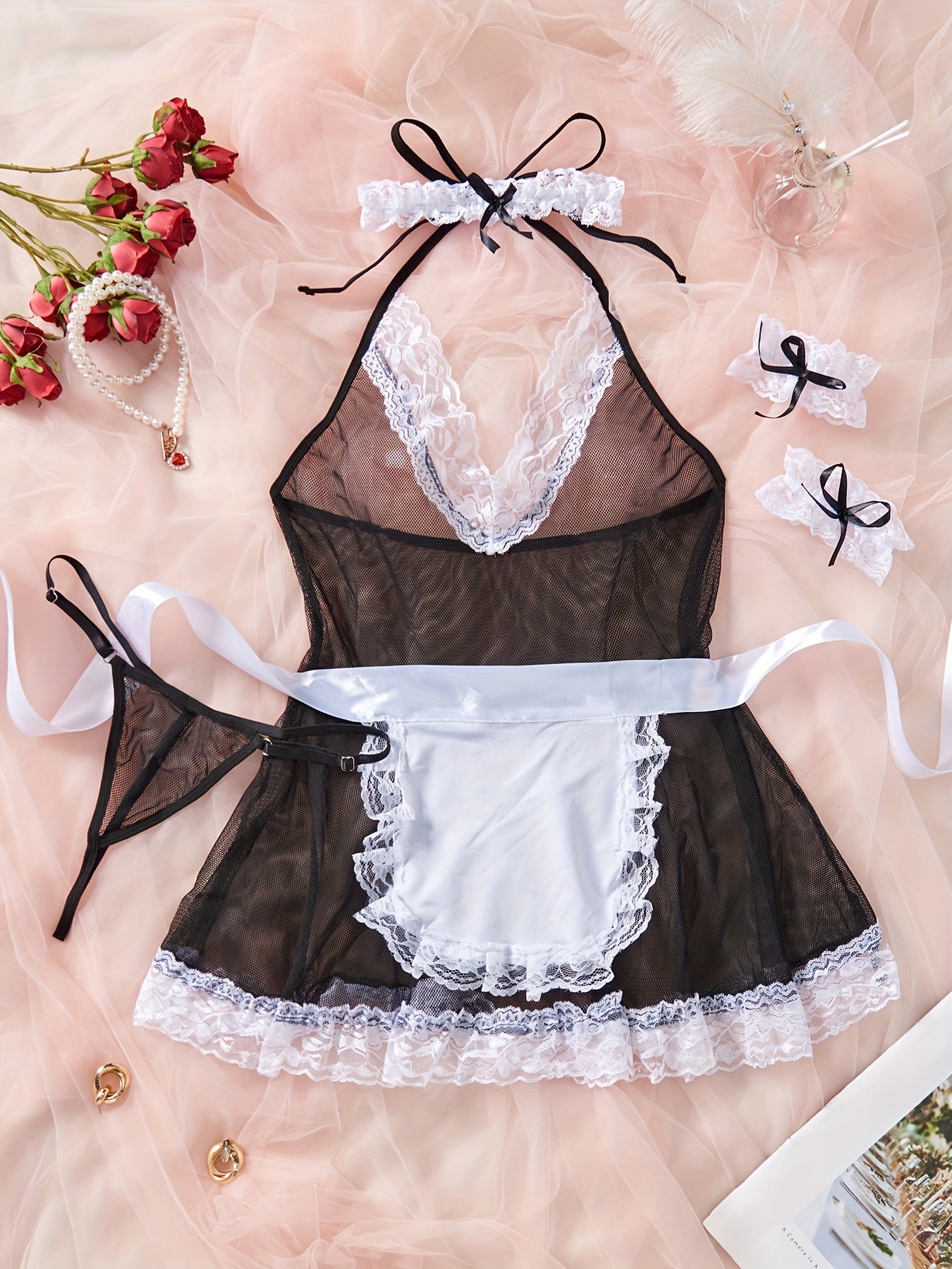 Sexy See-Through Lingerie Set with Apron Thong and Accessories
