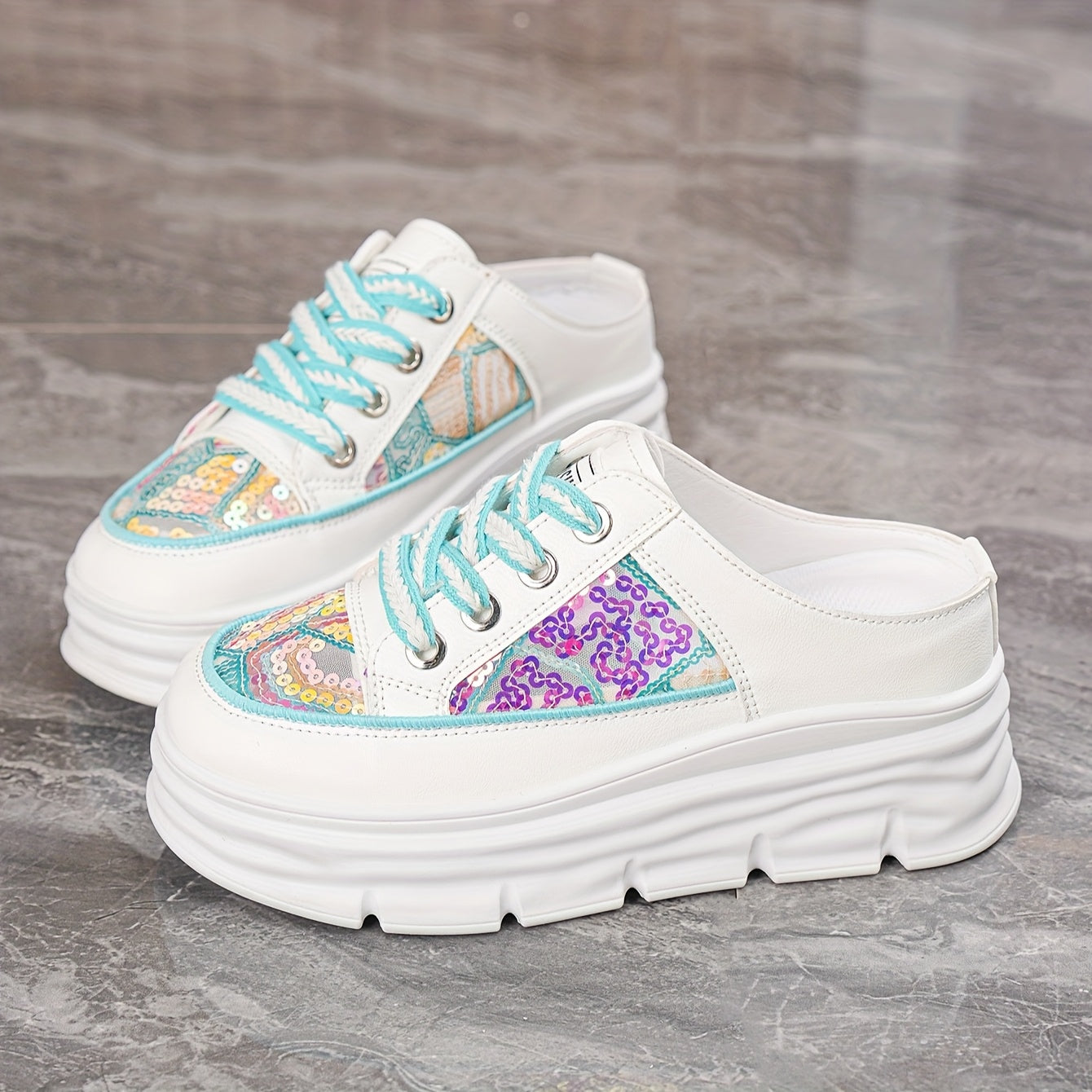 Women's Summer Platform Sneakers with Sequin Accents Breathable PU Rubber Sole