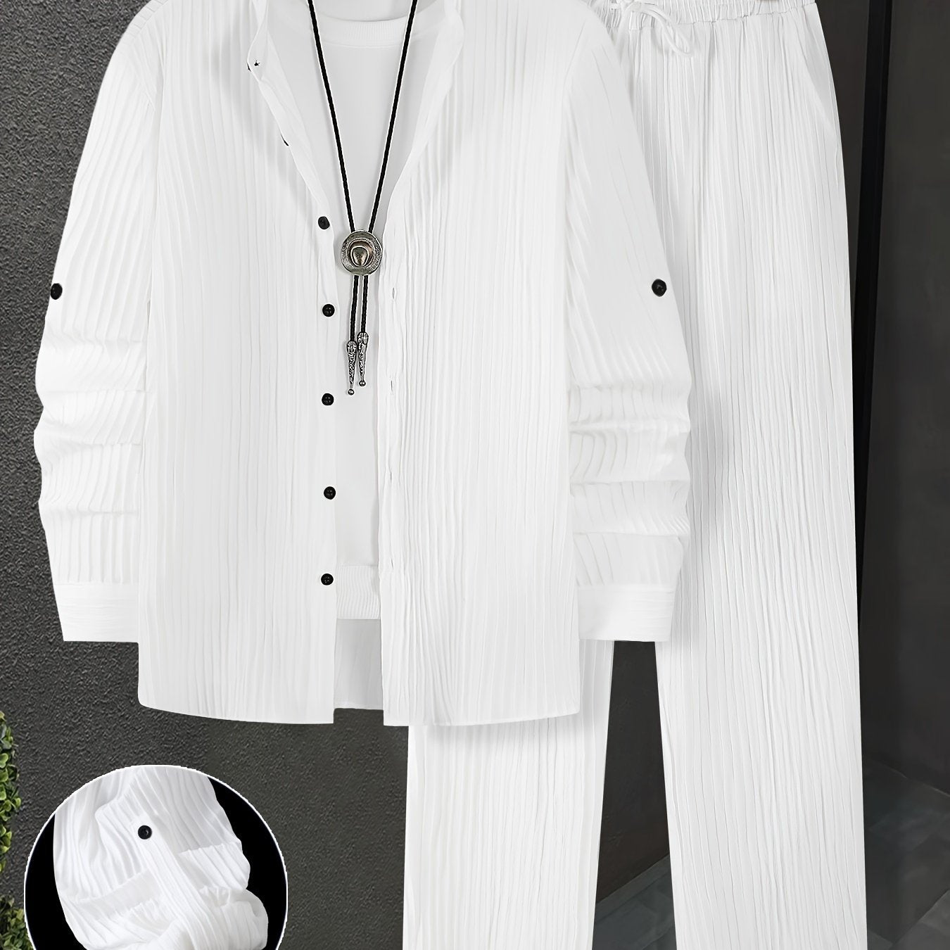 Men's Polyester Sweatsuit Set Casual Regular Fit Collared Shirt Drawstring Pants