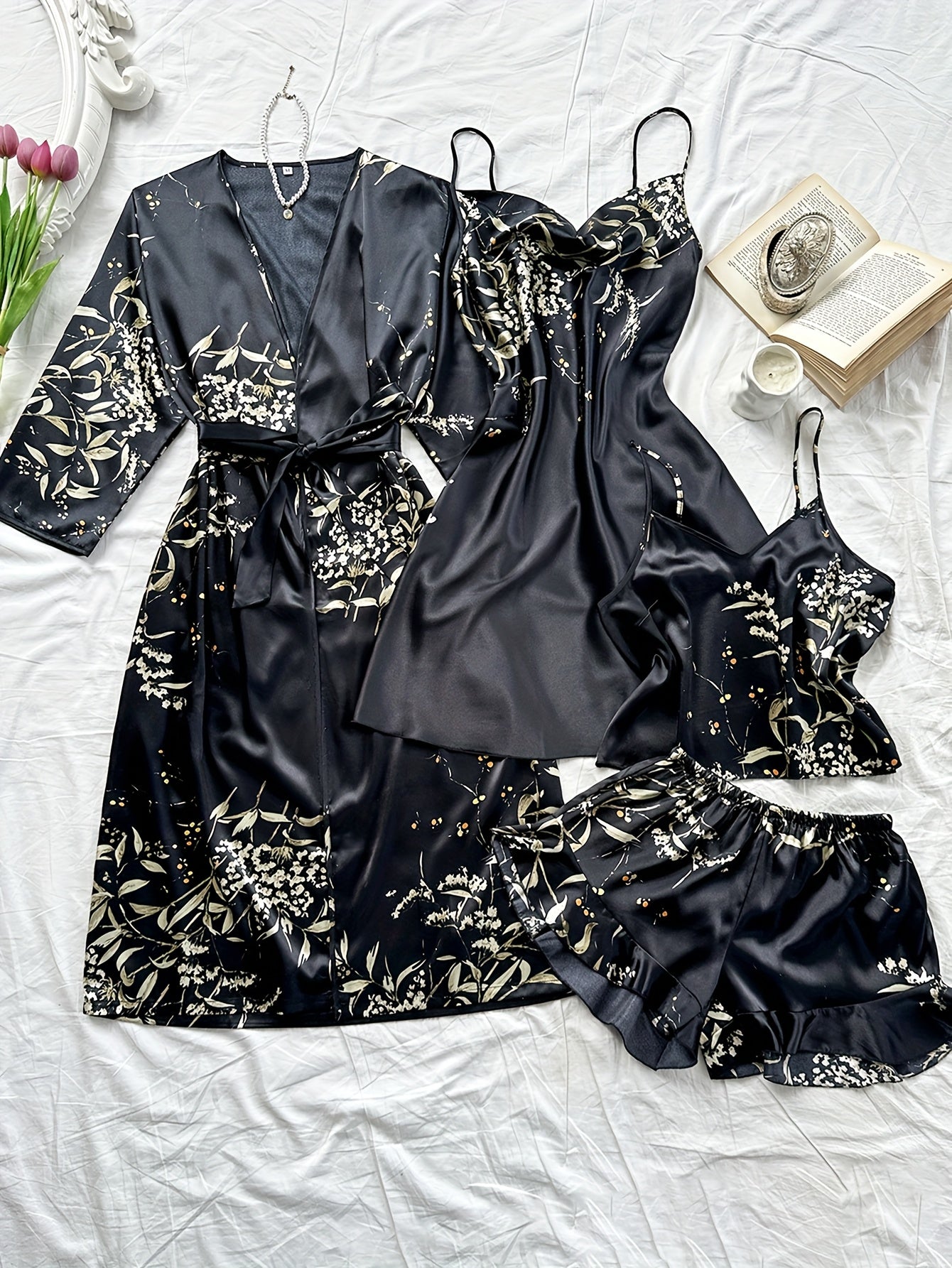 Women's Faux Cherry Print Nightgown Set with Ruffle Neckline and Shorts