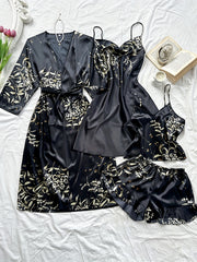 Women's Faux Cherry Print Nightgown Set with Ruffle Neckline and Shorts