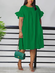 Plus Size Women's Ruffle Cuff Short Sleeve Dress for Spring Summer Polyester Elegant Fit and Flare