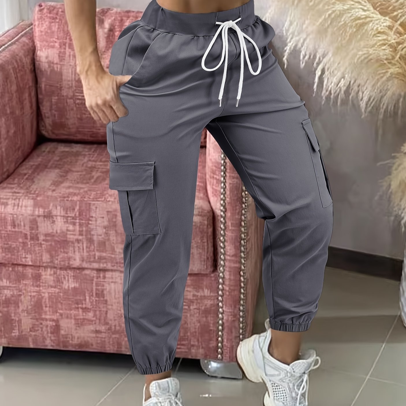 Women's Casual Cargo Pants Polyester Drawstring Waist Solid Color All-Season