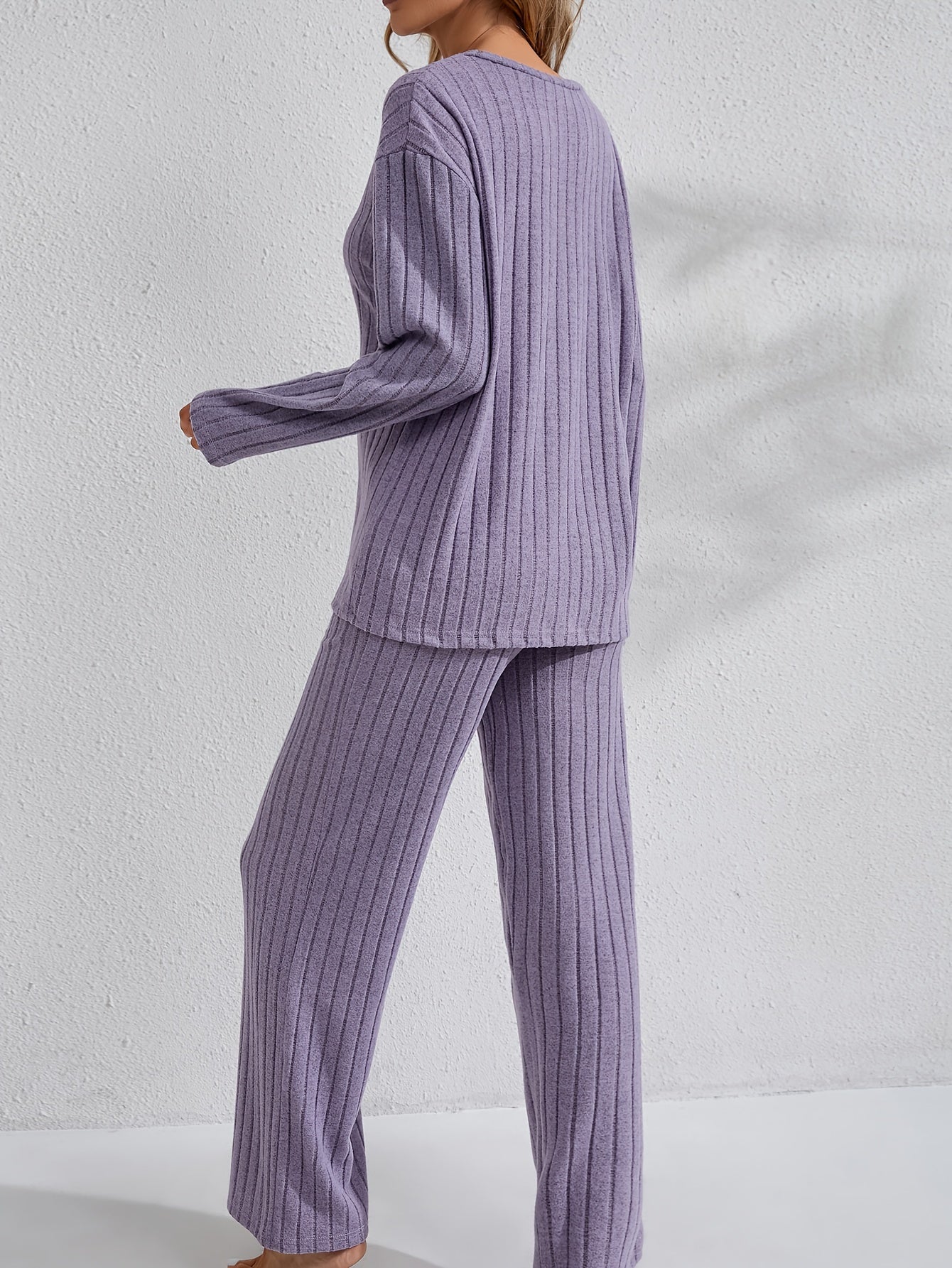 Women's Long Sleeve Pajama Set with Pants for Autumn Winter Solid Color Micro Elastic Polyester