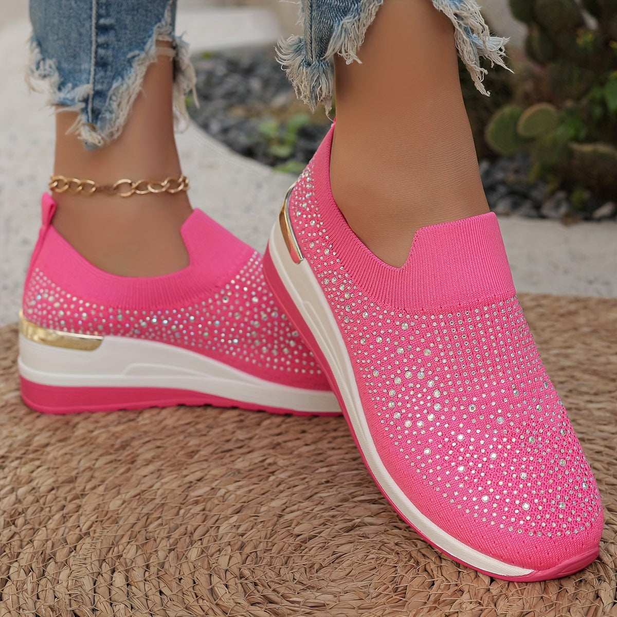 Women's Rhinestone Decor Platform Sneakers Casual Slip-On Outdoor Shoes