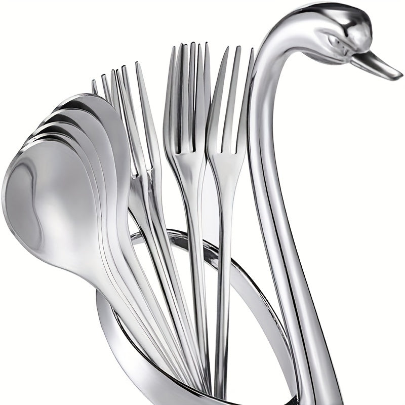 Set of 7 Coffee Spoons with Swan Base Stainless Steel Leaf Forks Mirror Finish