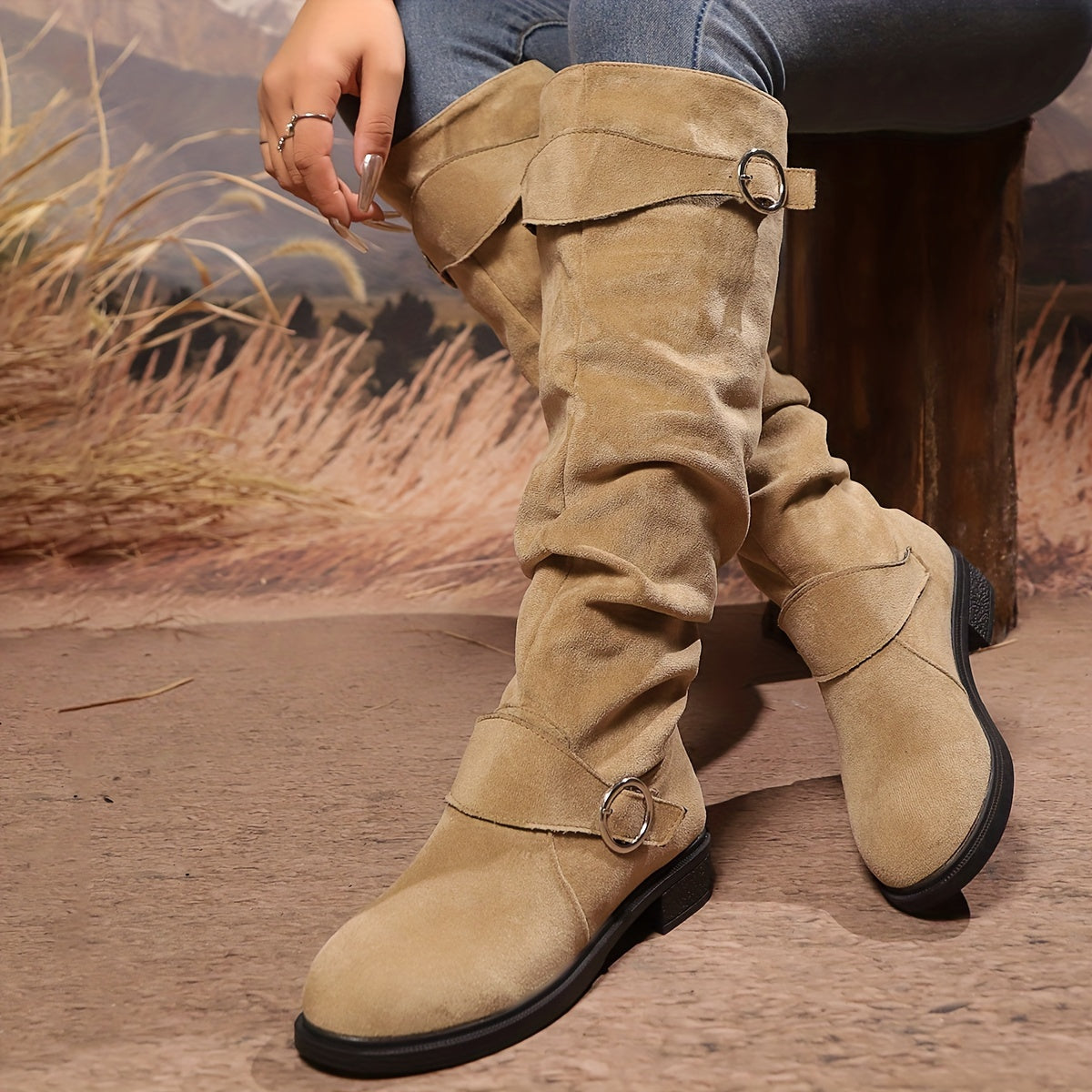 Women's Leather Button Pleated High Top Knee Boots