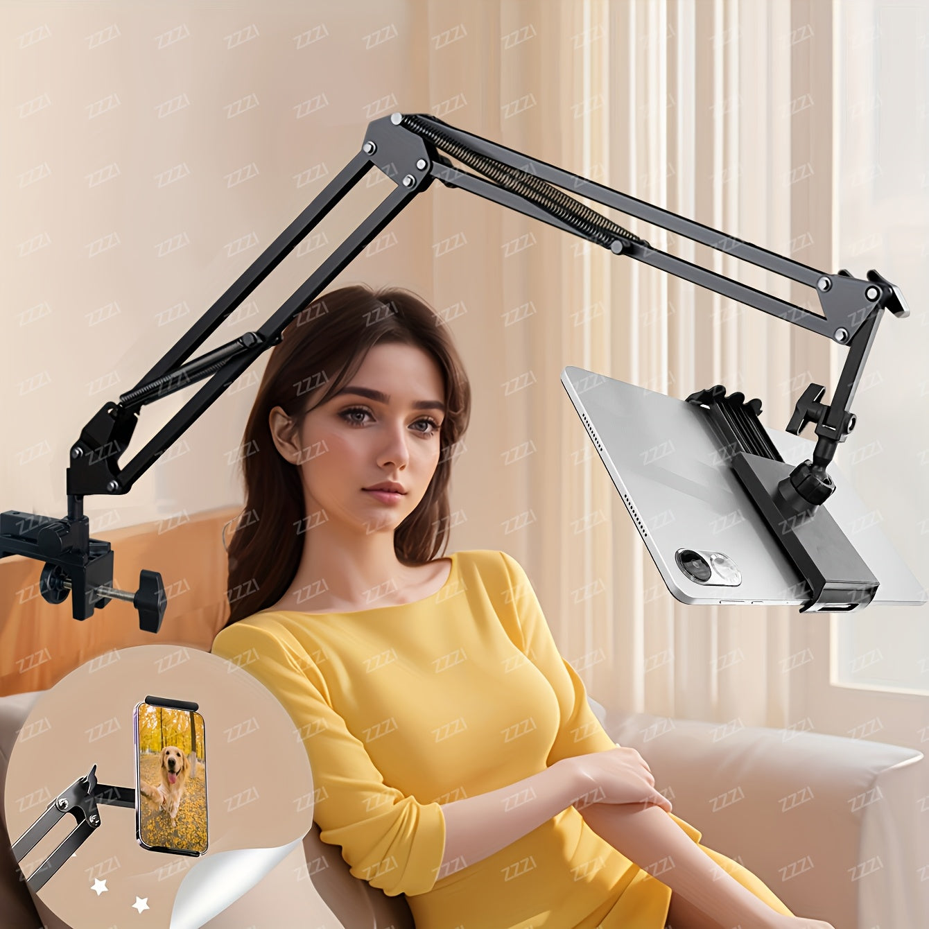 Soporte ajustable para tableta y teléfono en cuello de cisne de acero al carbono, rotación de 360°, resistente al agua, para cama, negro