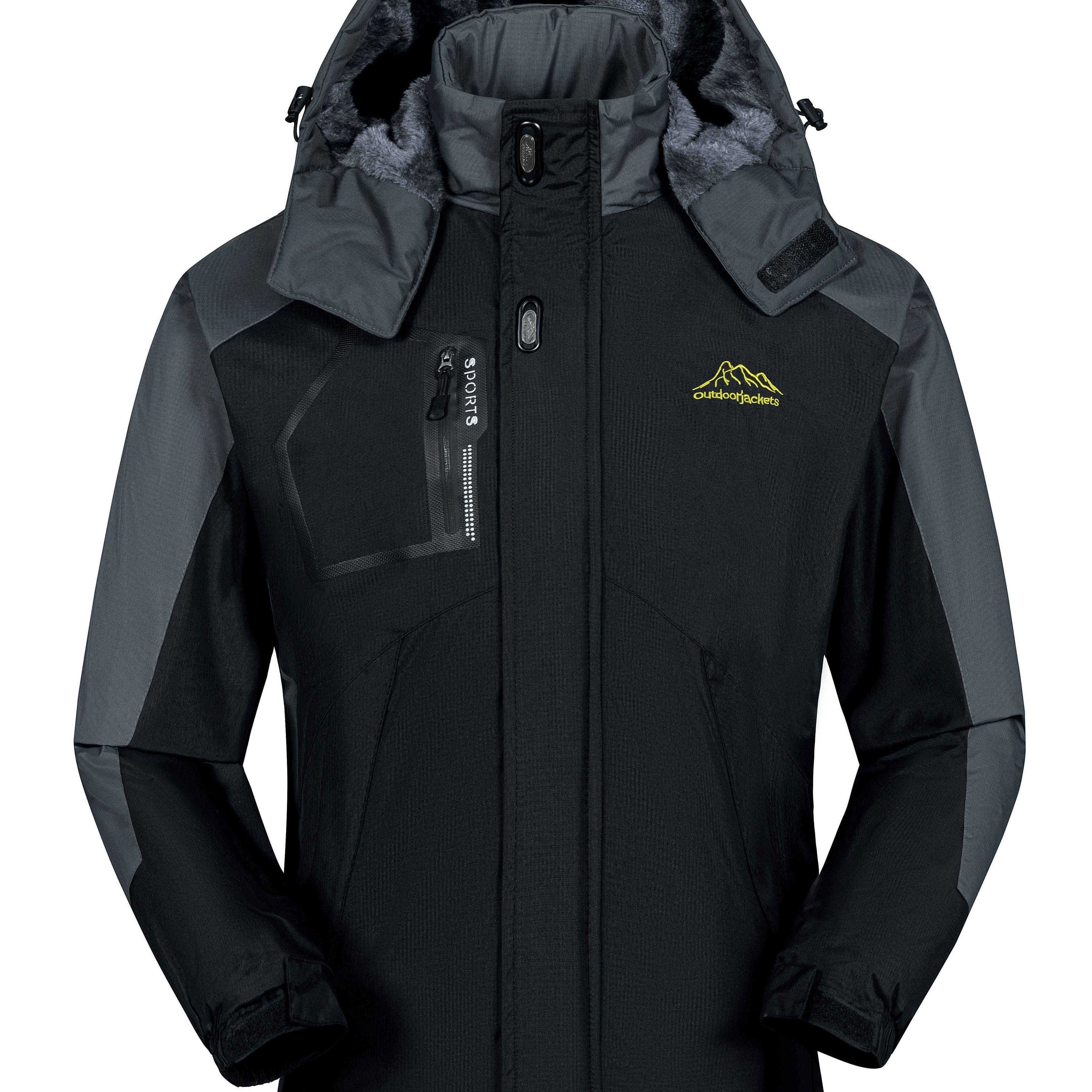 Erkaklar uchun izolyatsiyalangan qishki shamol o'tkazmaydigan kurtka - Fleece bilan qoplangan, suv o'tkazmaydigan va shamol o'tkazmaydigan, kapüşonli, zipli cho'ntaklar bilan, qora va kulrang, sovuq ob-havo uchun tasodifiy uslub.