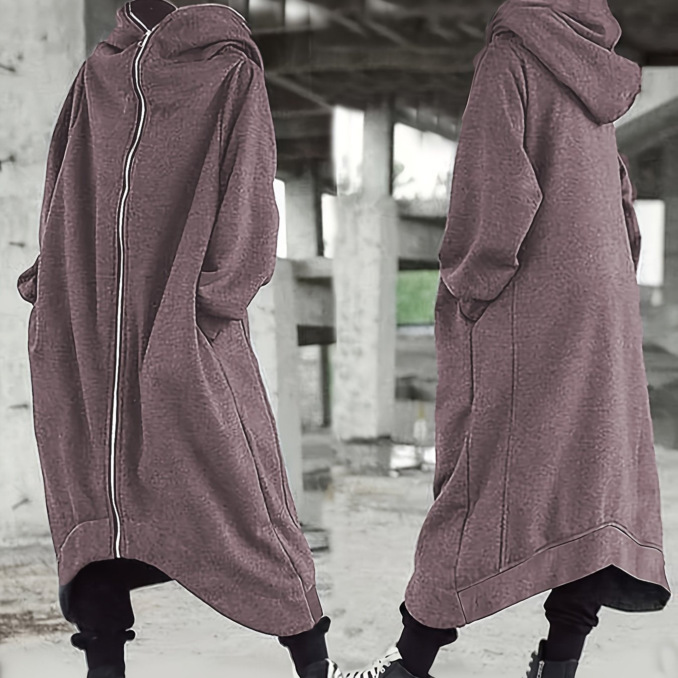 Women's Black Oversized Hoodie with Full Zip and Front Pockets for Fall Winter Casual Style