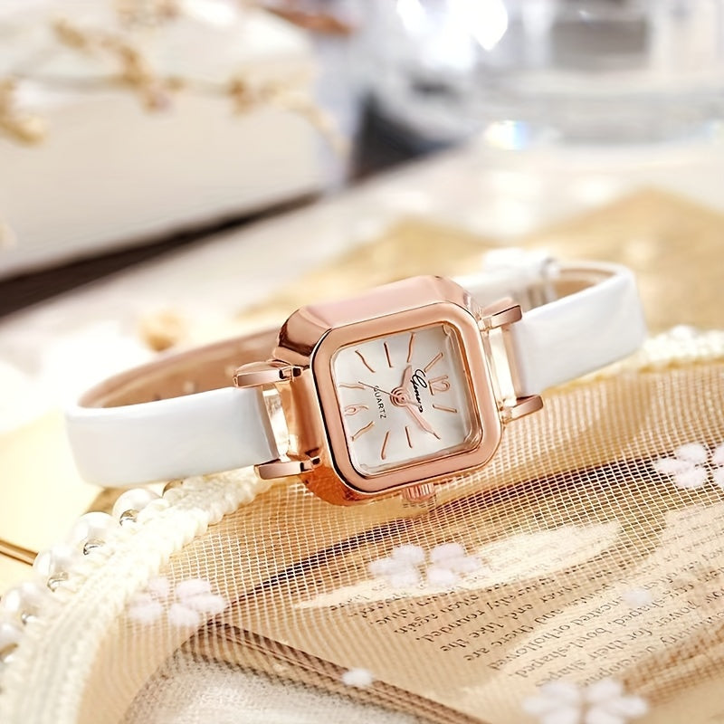 Women's Mini Square Quartz Watch with Faux Leather Strap White Dial Elegant Wristwatch