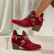 Women’s Rhinestone Embellished Ankle Boots with Geometric Pattern and Block Heel