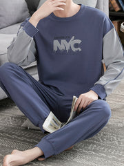 Men's Color Block Pajama Set with Letter Graphic Long Sleeve Crew Neck Top and Loose Pants for Spring and Fall