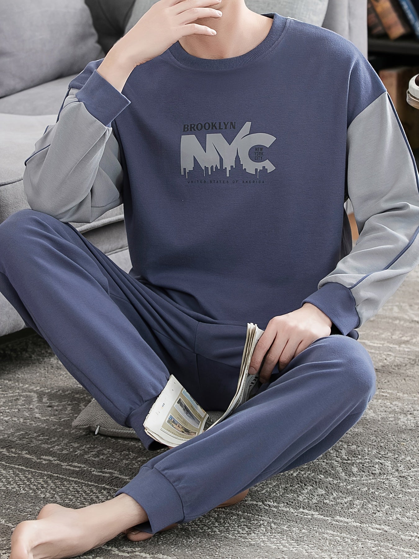 Men's Color Block Pajama Set with Letter Graphic Long Sleeve Crew Neck Top and Loose Pants for Spring and Fall
