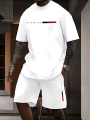 Men's Short-Sleeve Pajama Set with Geometric Pattern Polyester Spandex for All Seasons