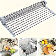 Stainless Steel Roll-Up Dish Drying Rack for Sink, Foldable Kitchen Utility Storage