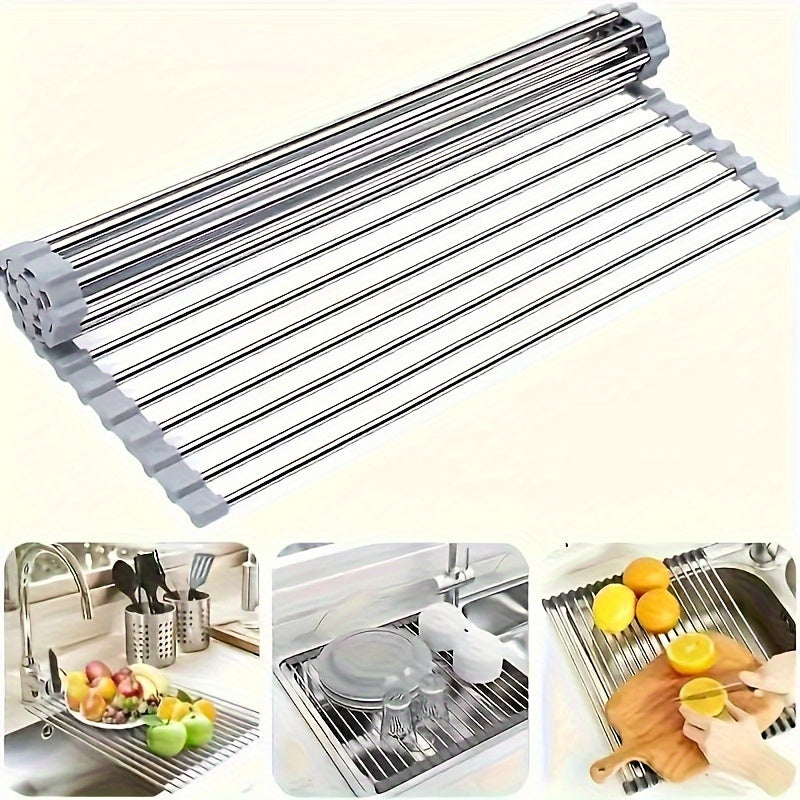 Stainless Steel Roll-Up Dish Drying Rack for Sink, Foldable Kitchen Utility Storage