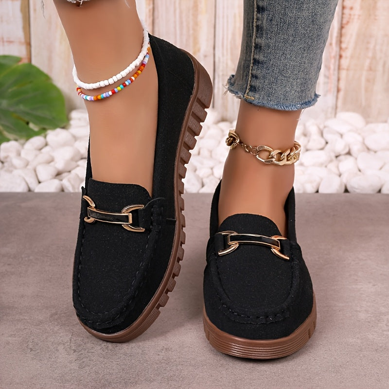 Women's Slip-On Loafers with Metallic Buckle Beige Black Comfortable Flats