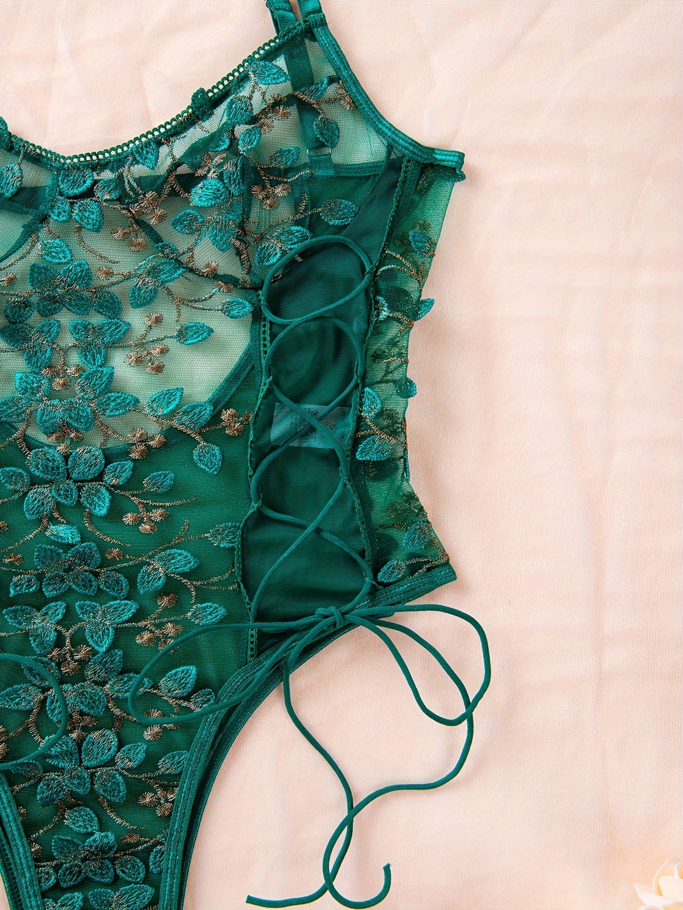 Women's Floral Lace Teddy and Mesh Backless Thong Lingerie