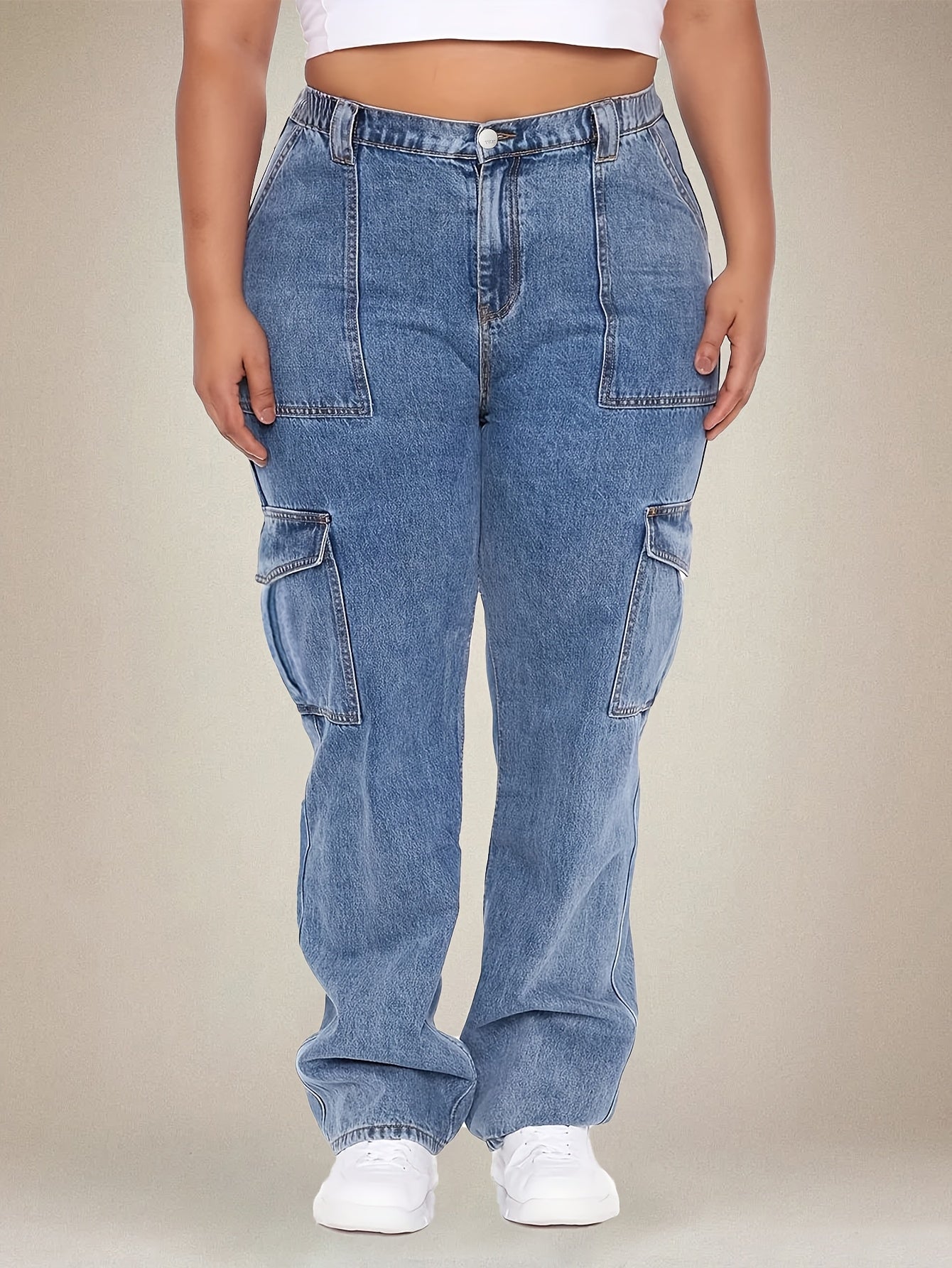 Women's Plus Size Denim Wide Leg Jeans Elastic Waist Multi Pocket Solid Color