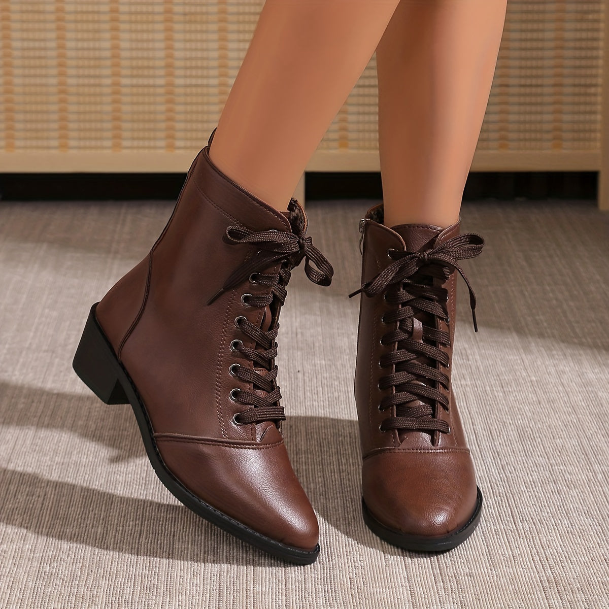 Women's Velvet Lined Mid-Heel Combat Boots with Side Zip and Chunky Heel