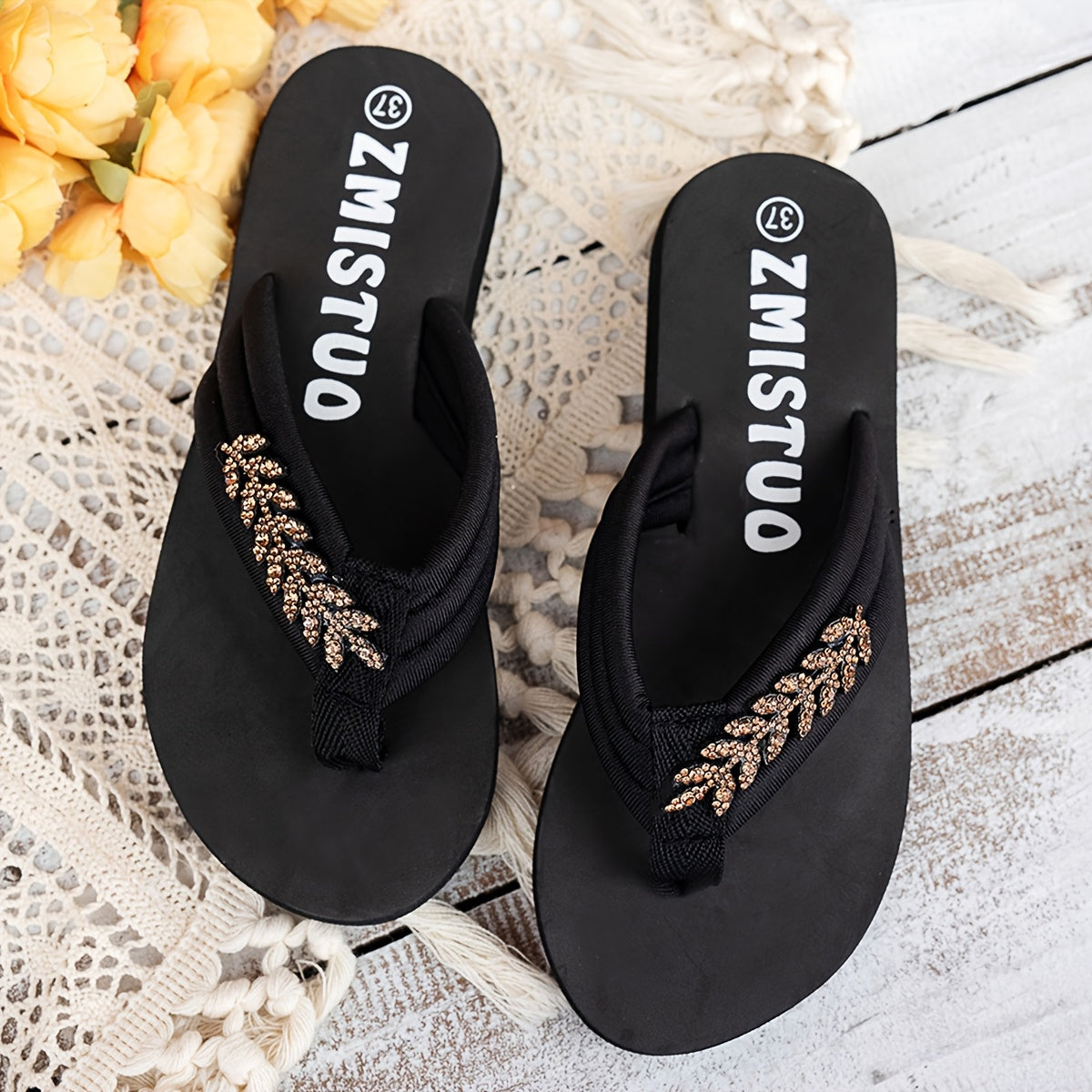 Women's Plus Size Slip-On Flat Sandals with Floral Embellishments Black Summer Footwear