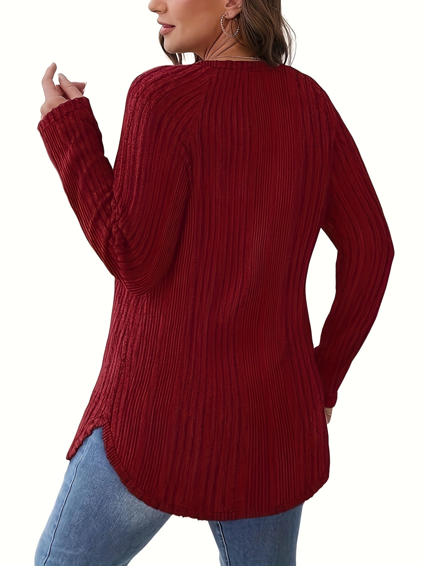 Women's Ribbed Sweater Long Sleeve Round Neck Pullover Solid Color Casual Top