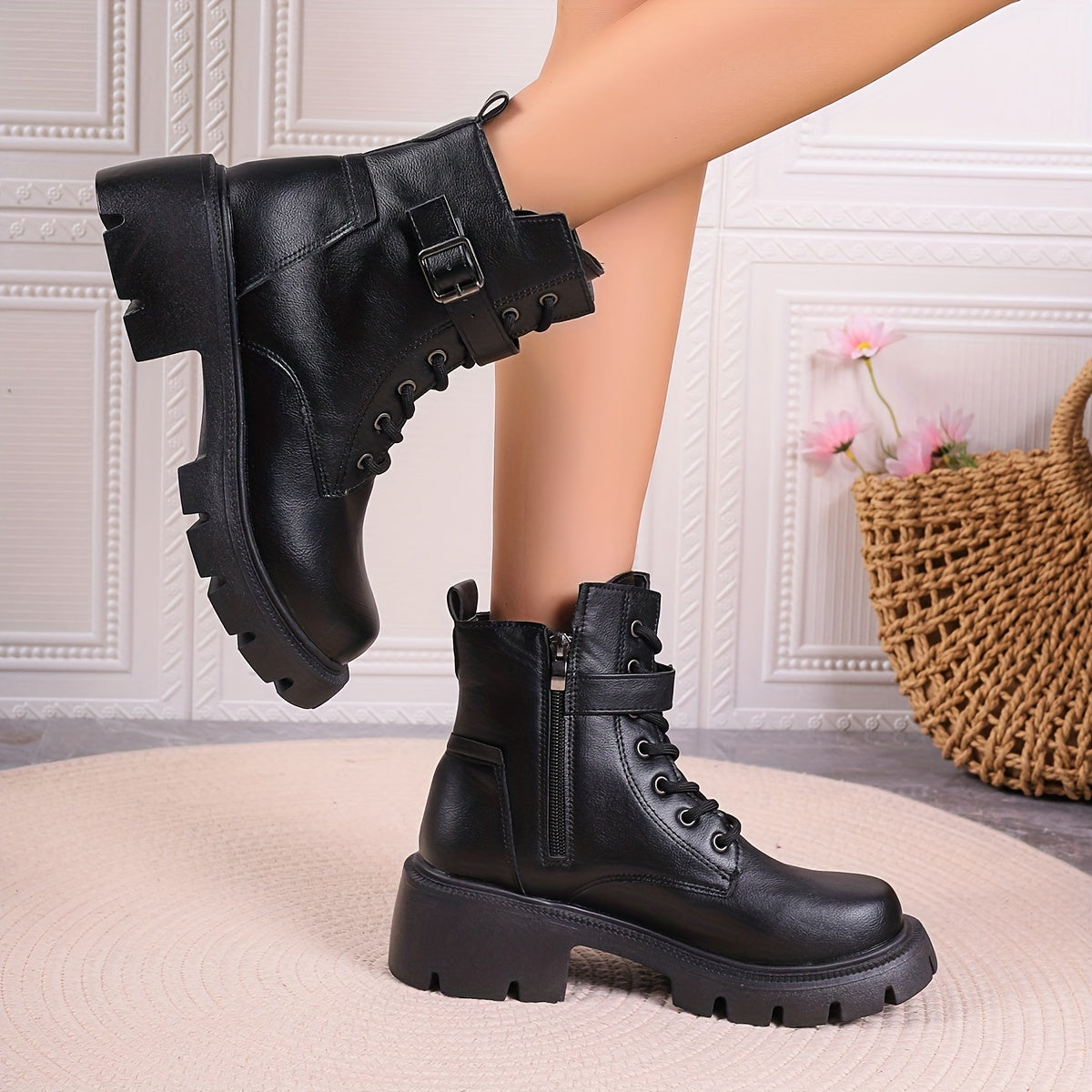 Ayollar uchun bir rangli kundalik botinkalar yon zippersi, burg'ulash, bardoshli taglik