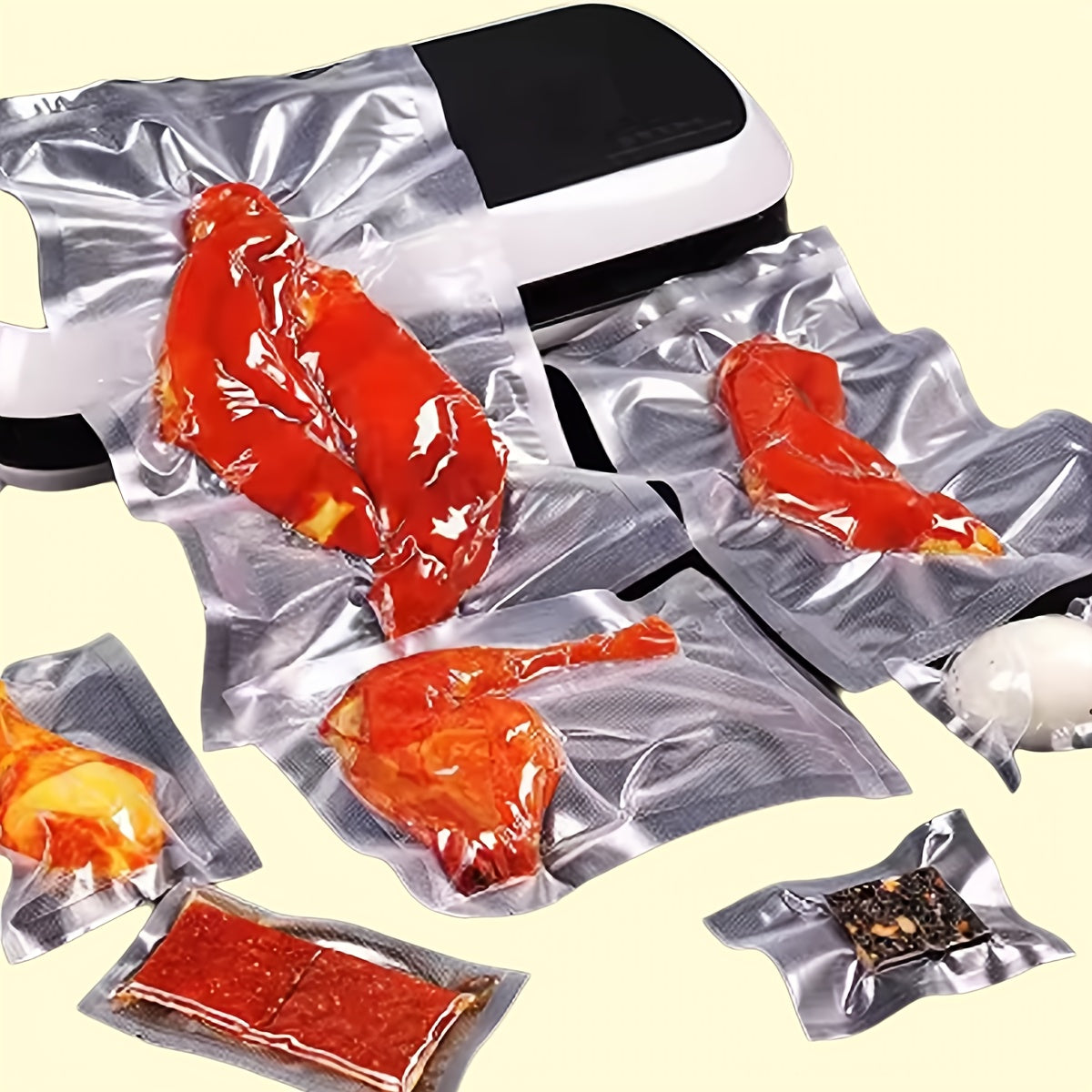 3 ta rolikdan iborat oshxona vakuum muhrlangan paketlar to'plami, har biri 196.85 dyuym o'lchamida, qayta ishlatiladigan rolik uslubidagi oziq-ovqat saqlash uchun mo'ljallangan. Oziq-ovqatni uy oshxonalarida saqlash uchun mukammal.