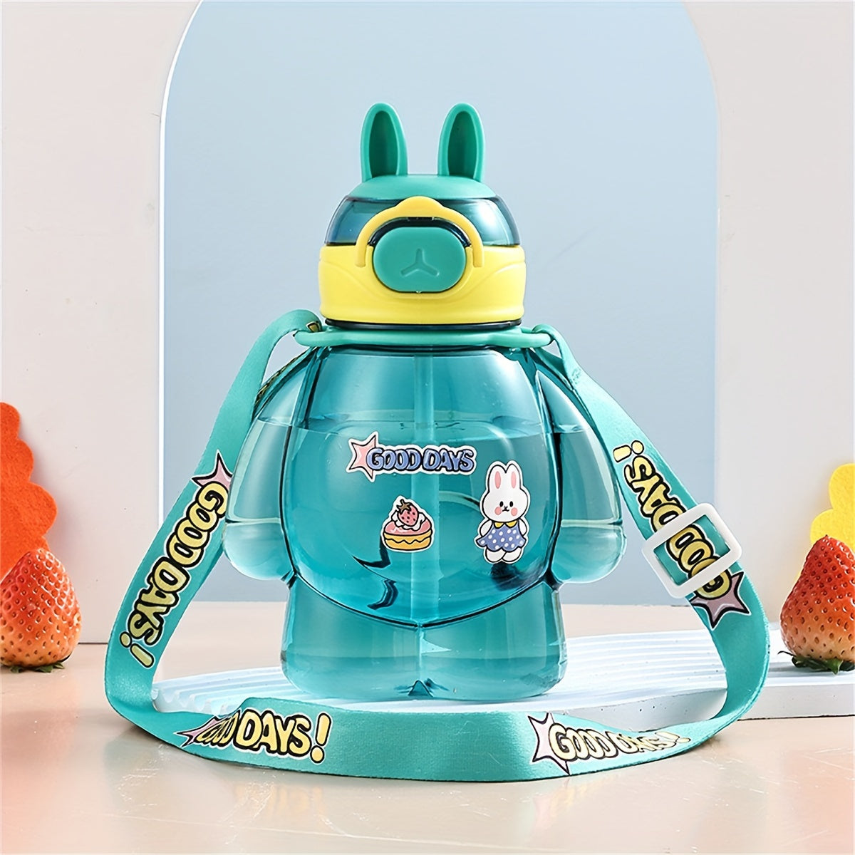 650 мл пластиковая многоразовая бутылка для воды с крышкой-кнопкой, мультяшный аниме-ремень, портативная, милая