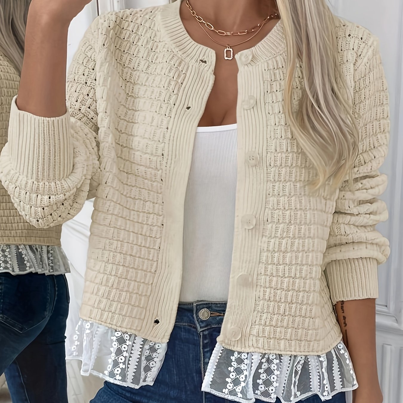 Женский кардиган с кружевной отделкой из шифона, полупрозрачный, с контрастными рукавами и укороченным кроем
