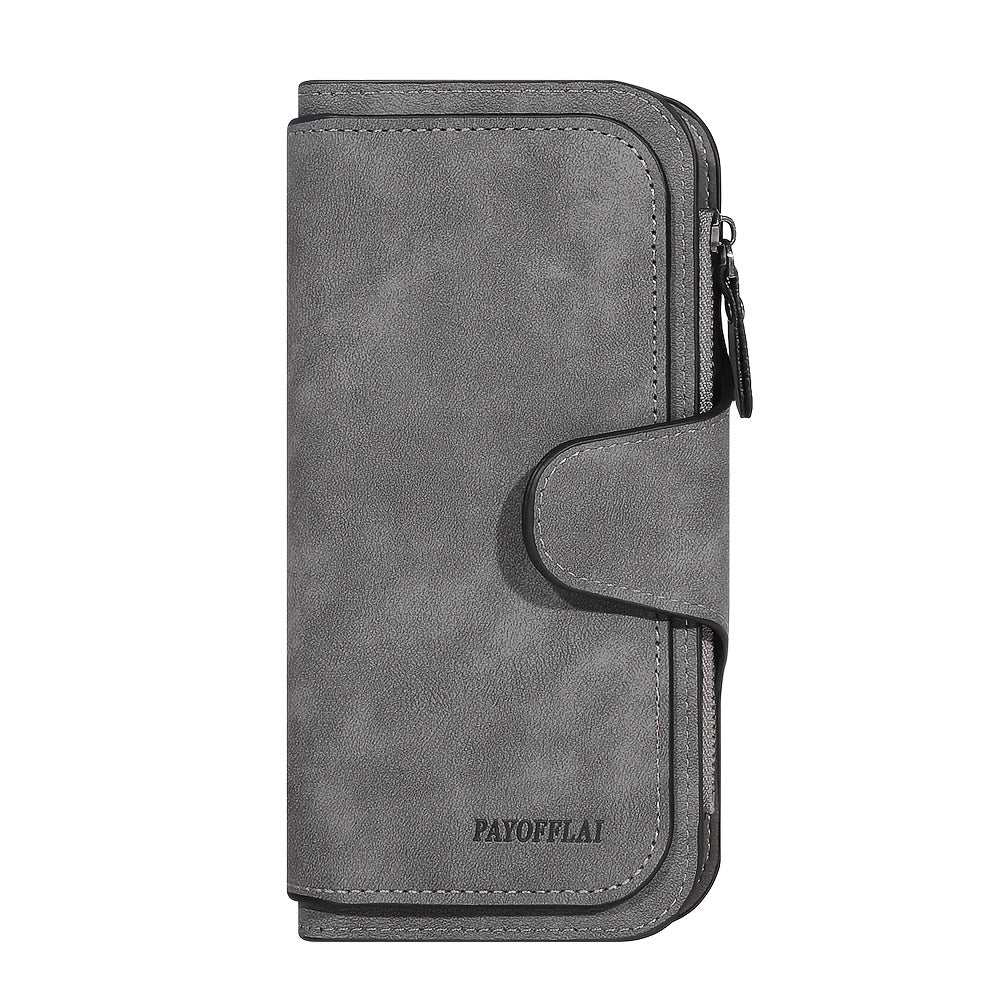 Yangi vintage uslubidagi ayollar uchun uzun hamyon, sun'iy charmdan tayyorlangan, tugmachali yopiq, zip cho'ntak, naylon astar, ko'p kartochka joylari va chet bo'yash tafsiloti bilan.