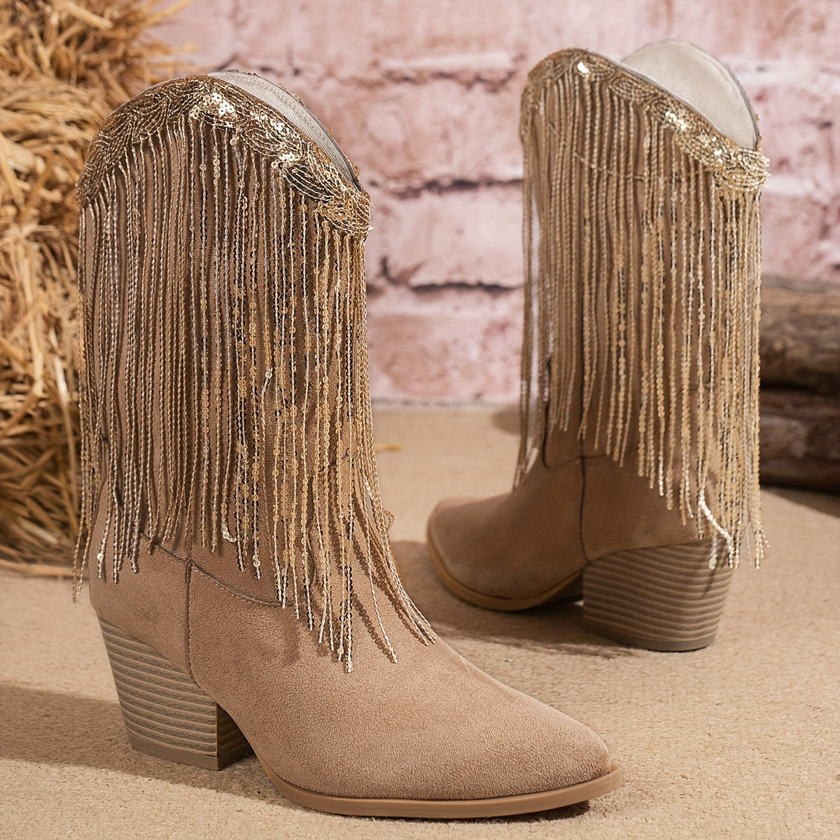 Женские ботинки с блестками и пайетками, с кисточками из пайеток, с острым носком, вестерн-карнавал ботинки
