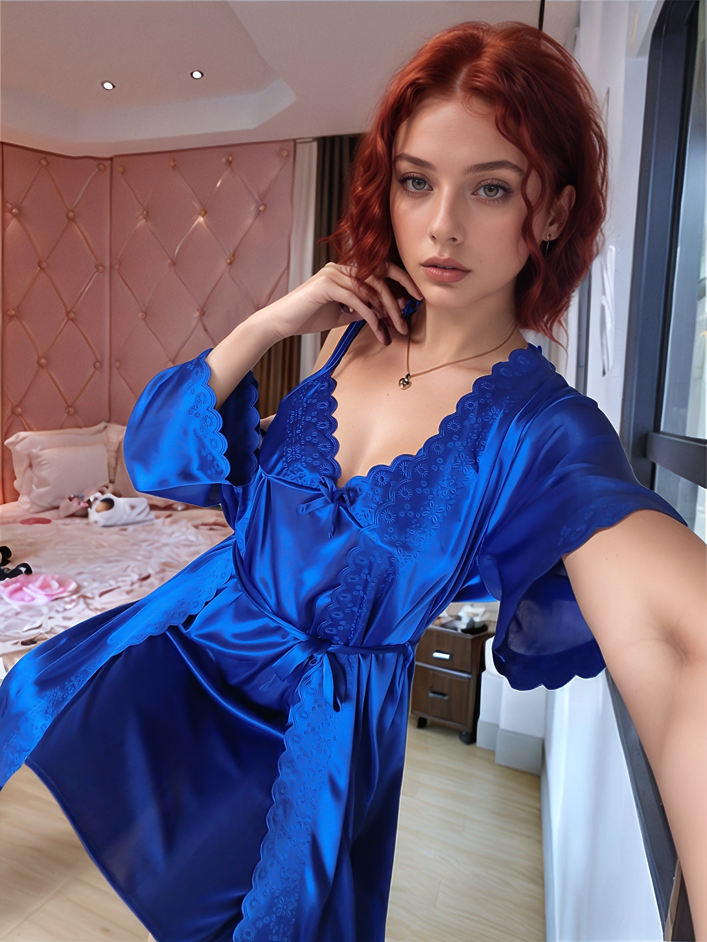 Plus Size Lace Nightgown and Robe Set for Summer Short Sleeve Semi-Sheer Solid Polyester