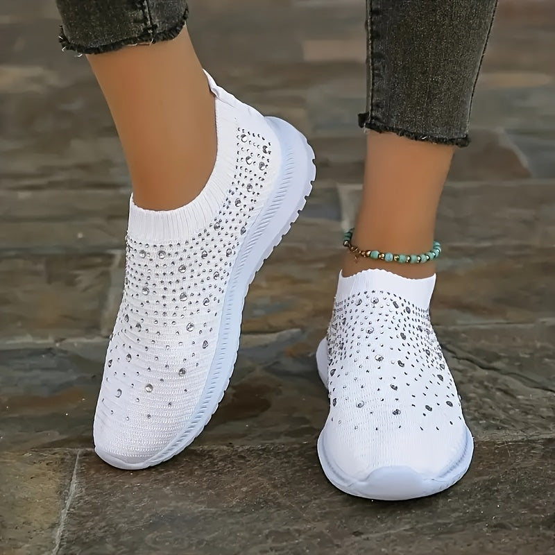 Women's Rhinestone Sneakers Breathable Knit Slip-On White Casual Shoes