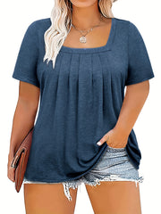 Plus Size Women's Pleated Short Sleeve Square Neck T-Shirt Spring Summer Casual Clothing